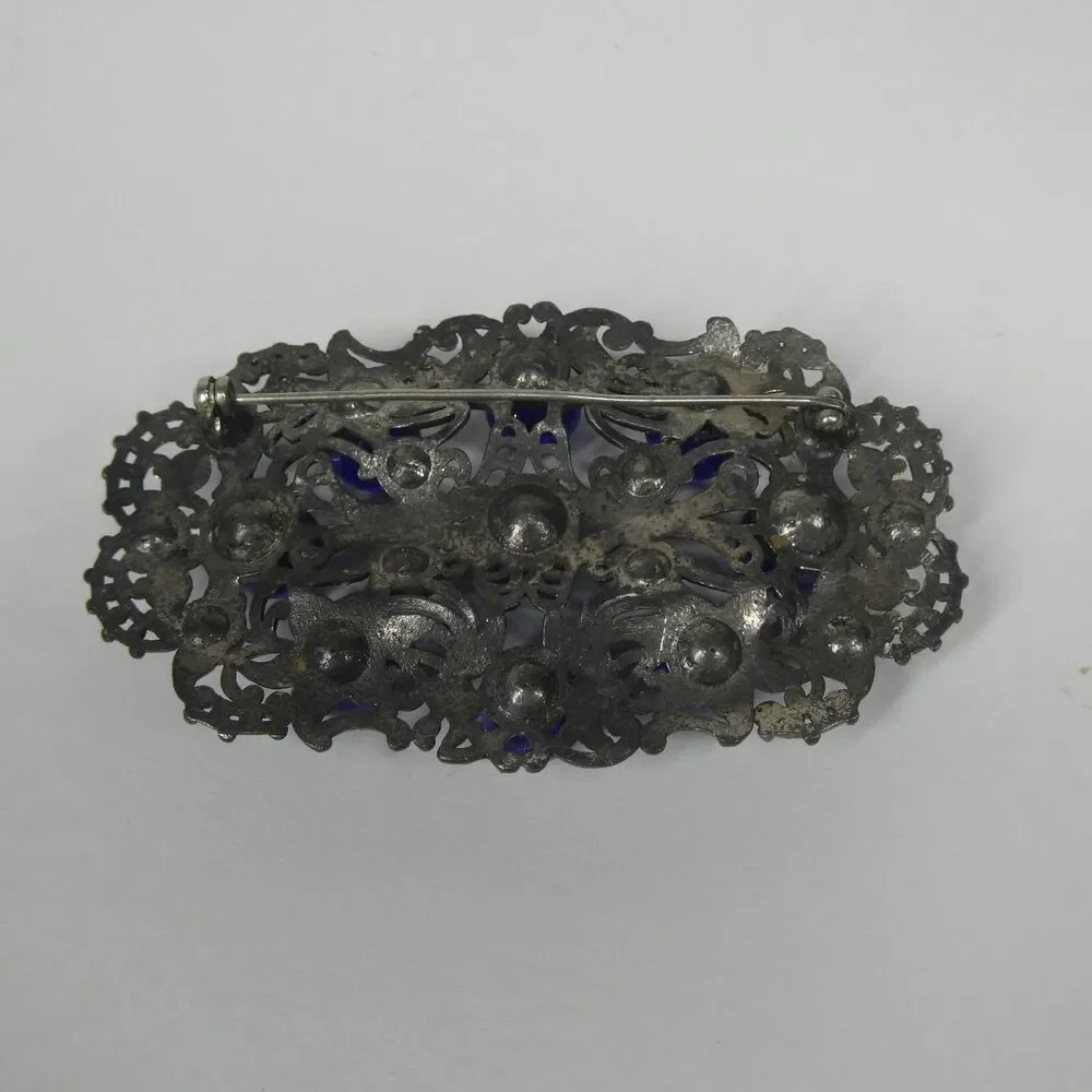 Silver Filigree Blue Rhinestone & Glass Crystal Brooch Antique Pin Czech?